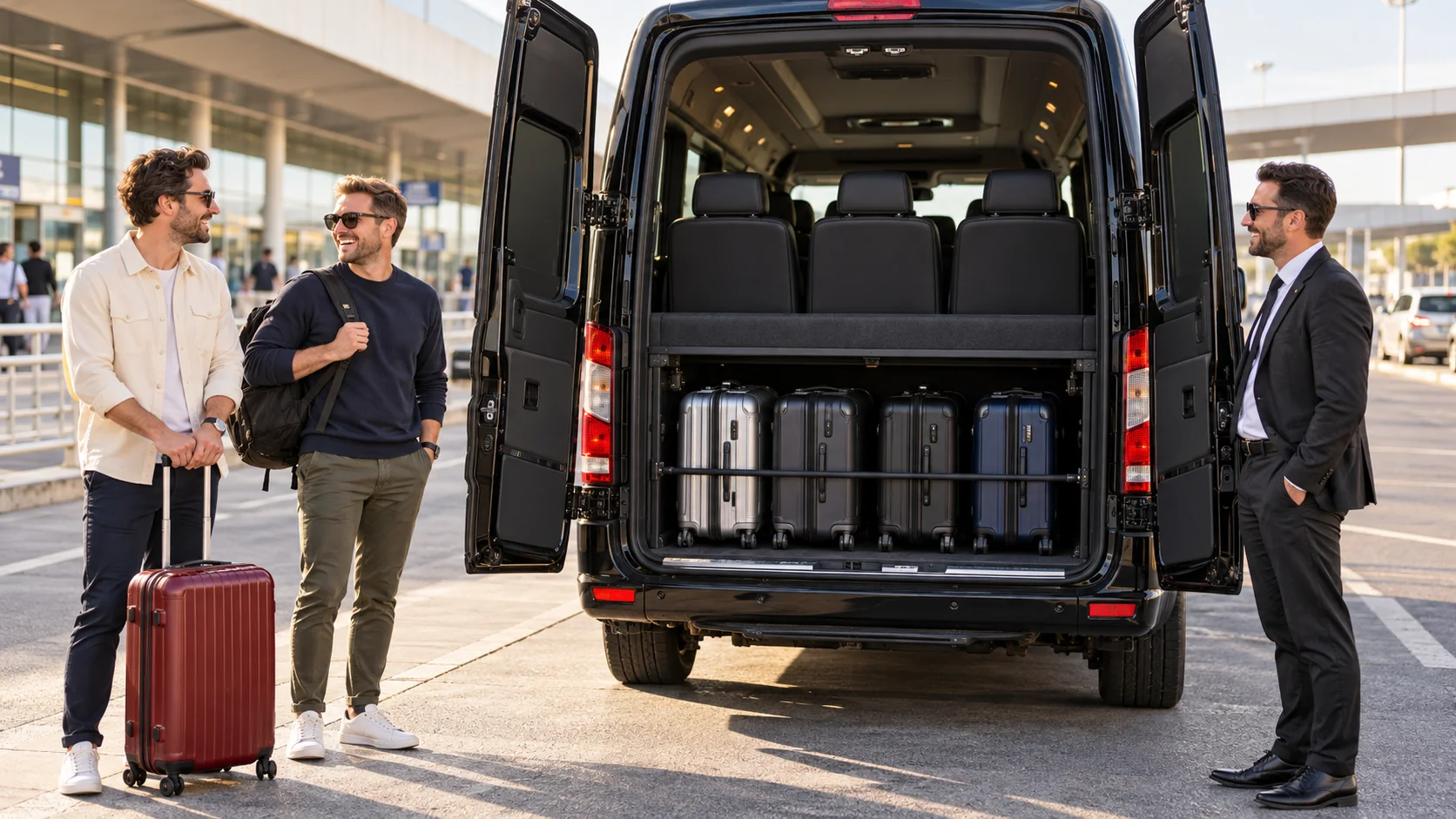 Open rear luggage compartment of a Budapest airport minibus with suitcases and waiting passengers