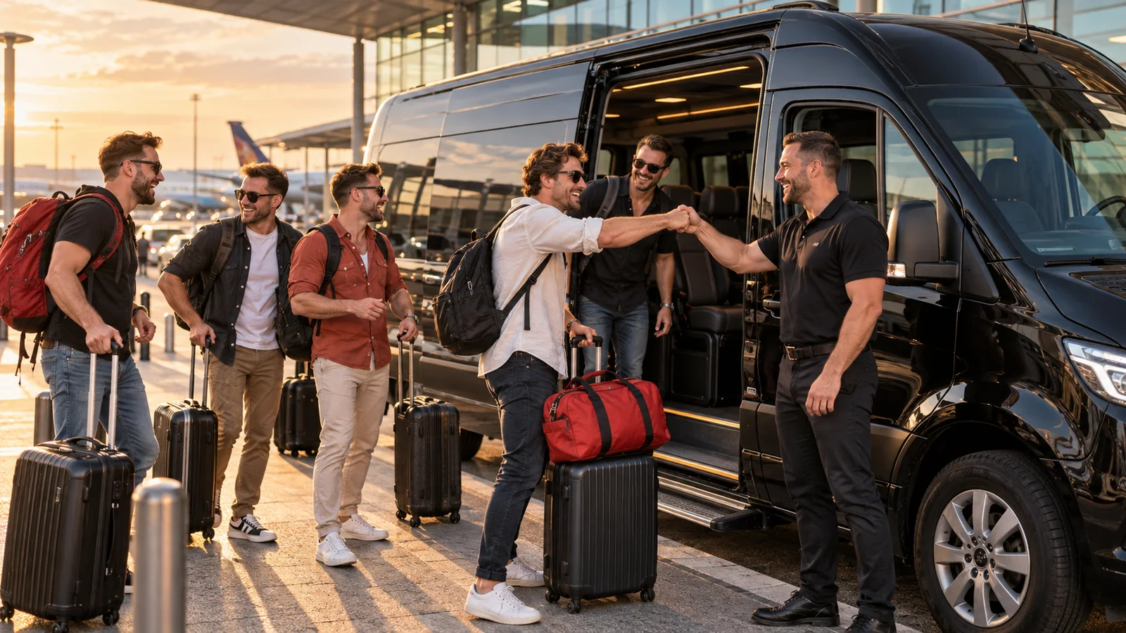 Stag group with luggage boarding a private Budapest airport minibus