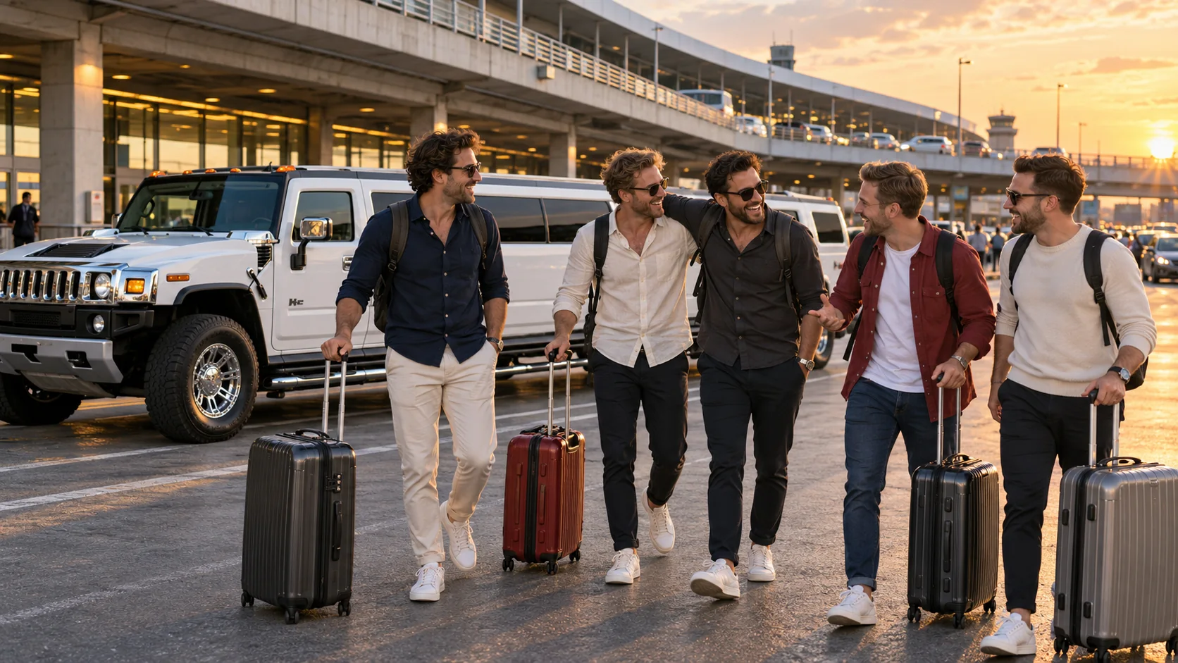 Stag group with suitcases beside a white Hummer limo at Budapest Airport