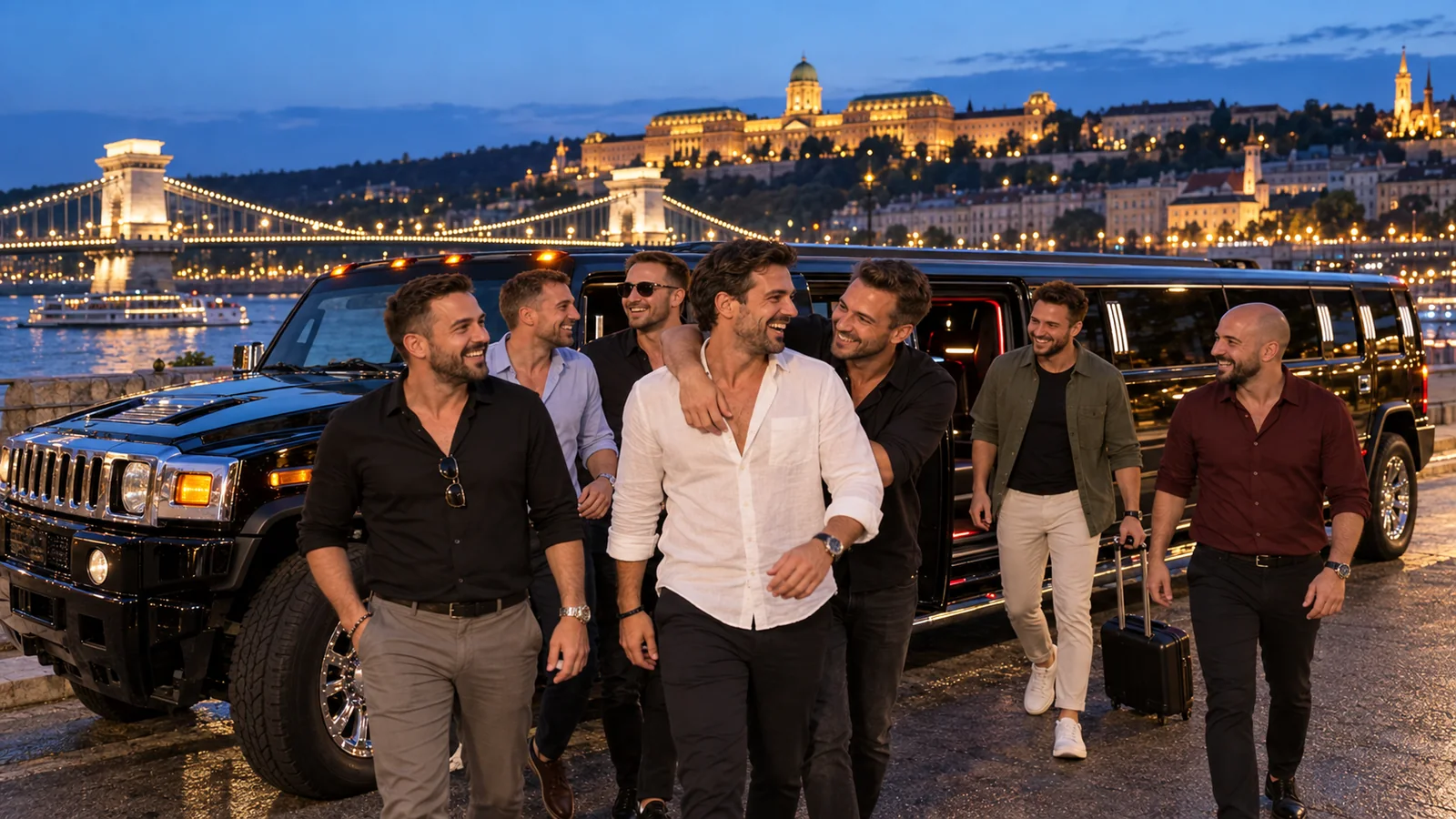 Stag group arriving beside a black Hummer limousine in Budapest