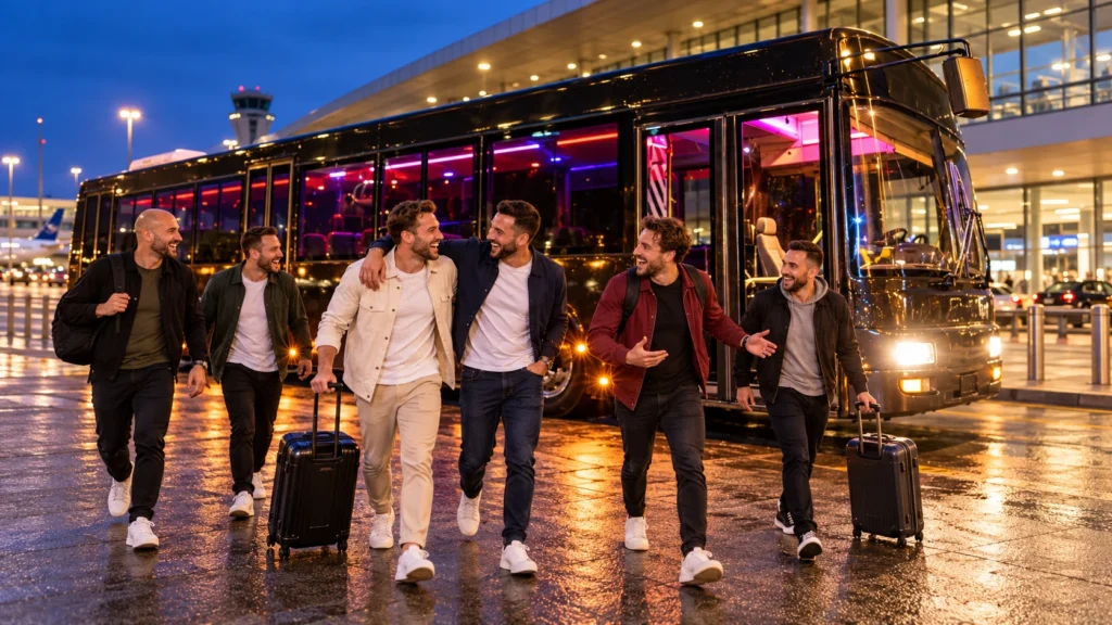 Stag group with suitcases beside a black party bus at Budapest Airport at dusk