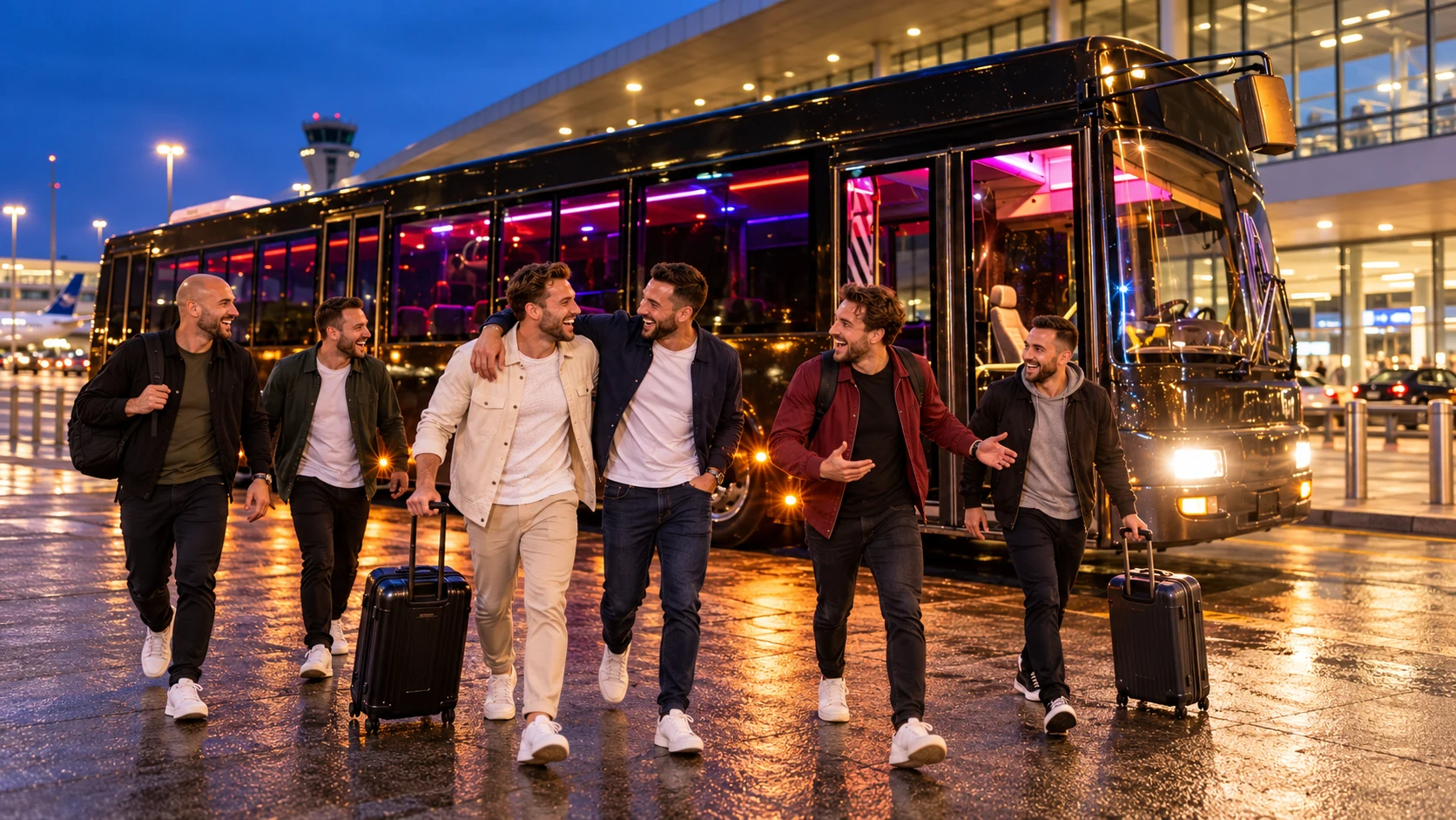 Stag group with suitcases beside a black party bus at Budapest Airport at dusk