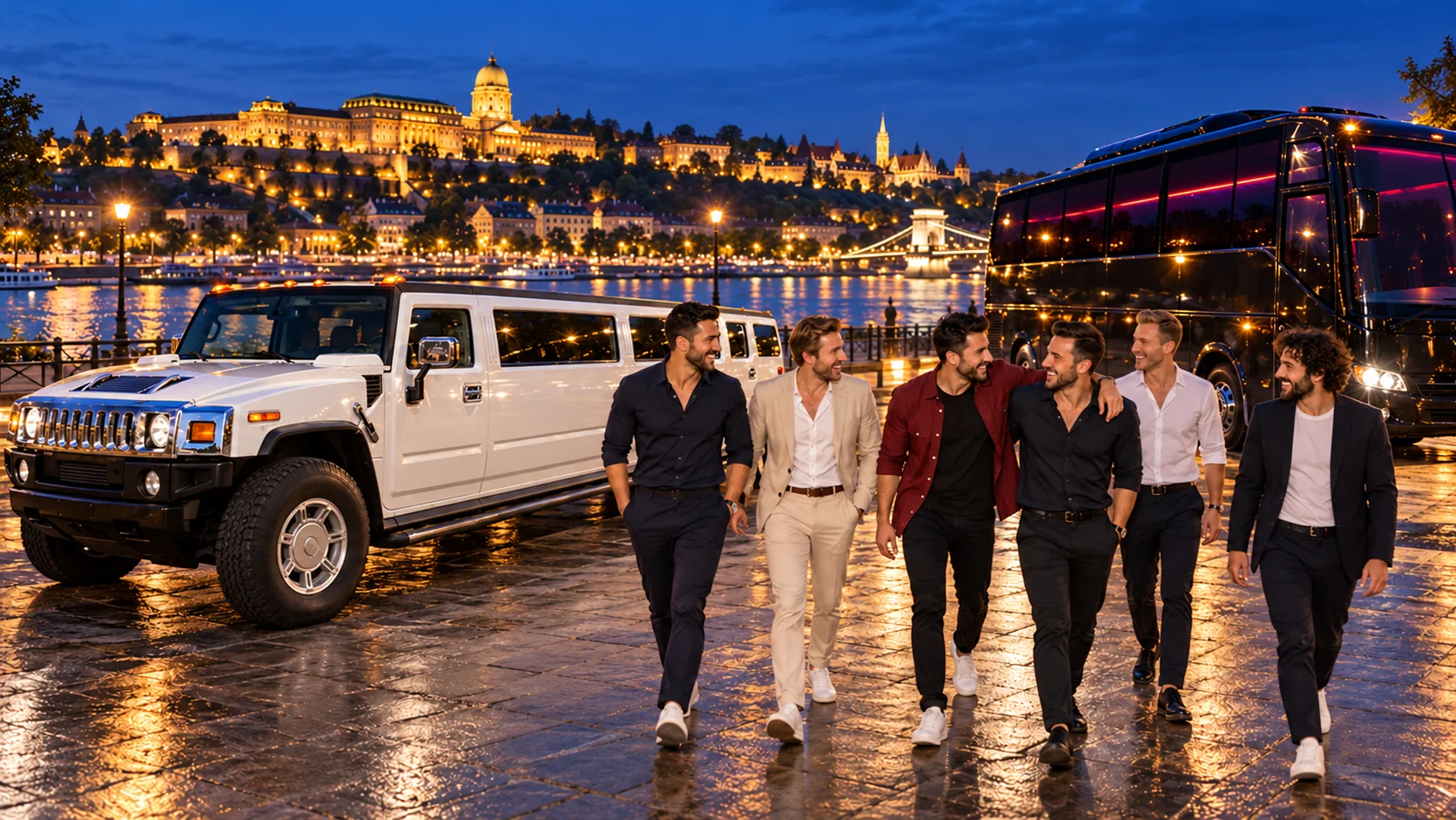 Budapest stag group beside a white Hummer limousine and a black party bus at dusk