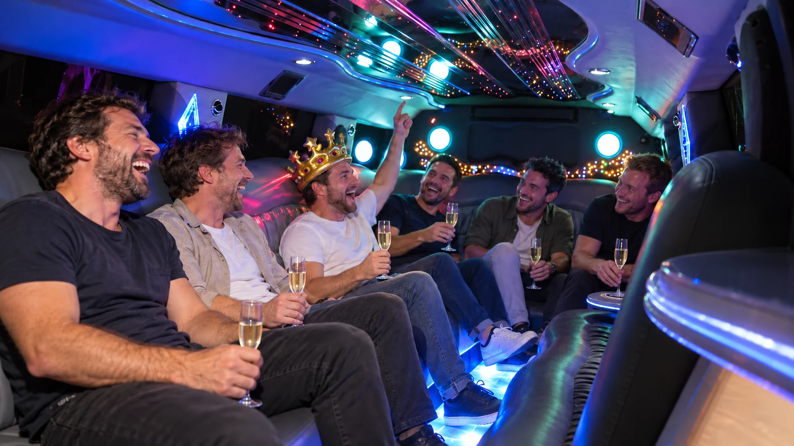 Stag group inside a Hummer limousine with mirrored ceiling and colourful lighting