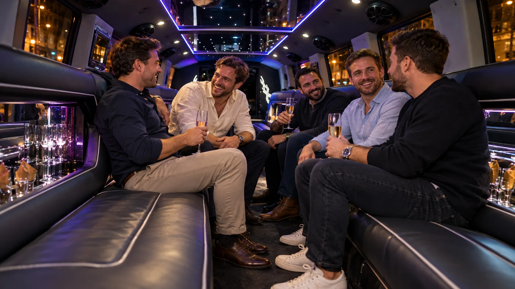Five men seated along the leather benches inside a Hummer limo on a Budapest stag night