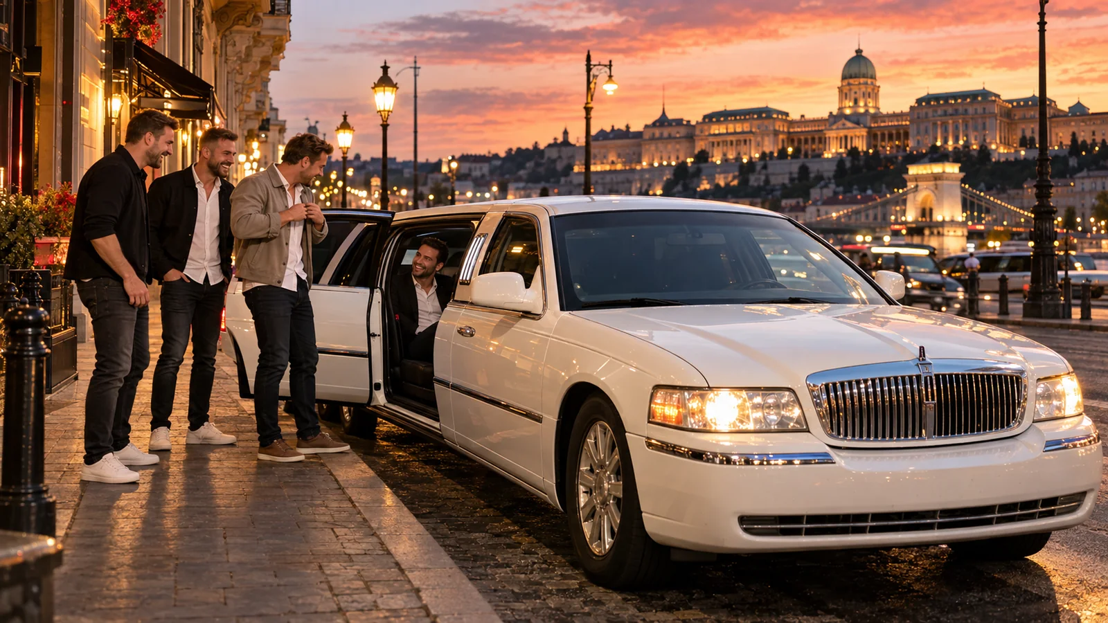 Stag group boarding a white Lincoln limousine at sunset in Budapest