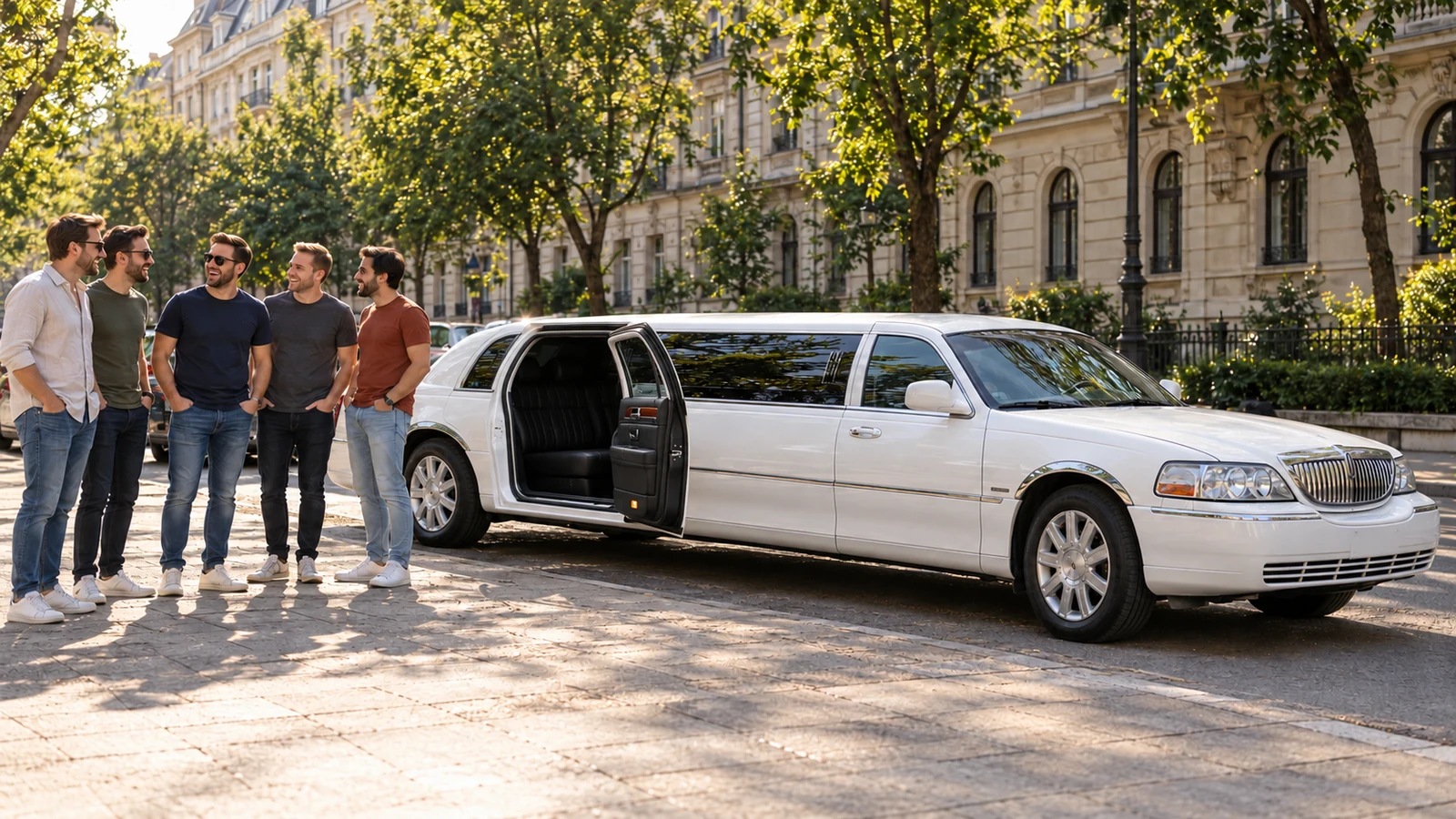 Stag group beside a white Lincoln stretch limousine in Budapest