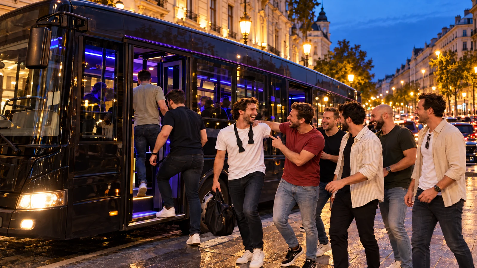 Stag group boarding a black party bus in Budapest at dusk