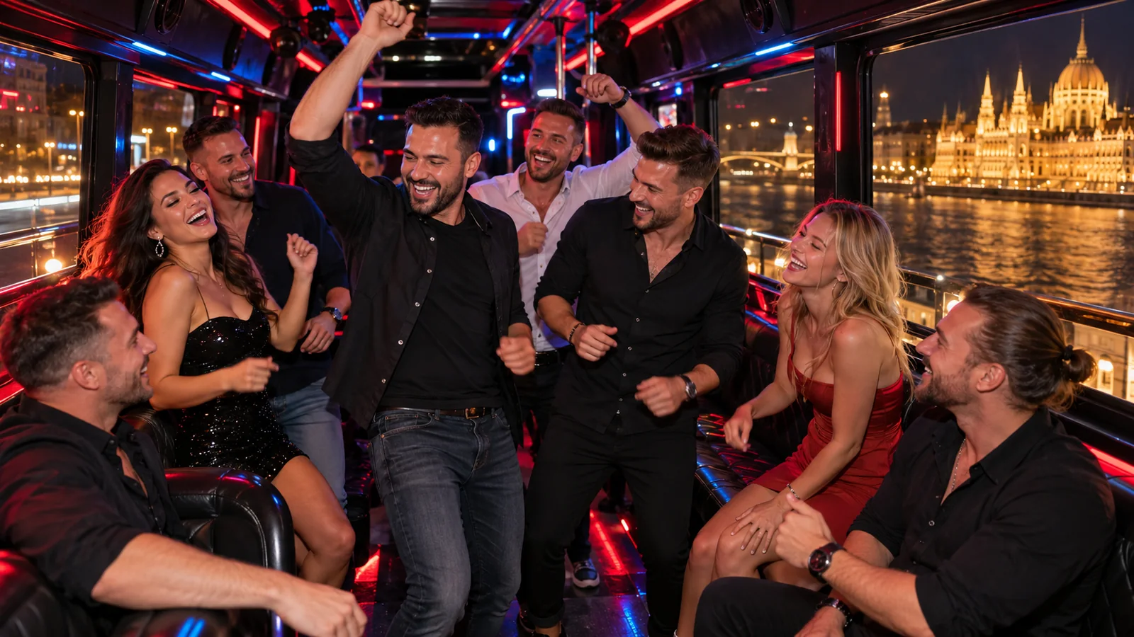 Stag party dancing on a Budapest party bus beside the Danube