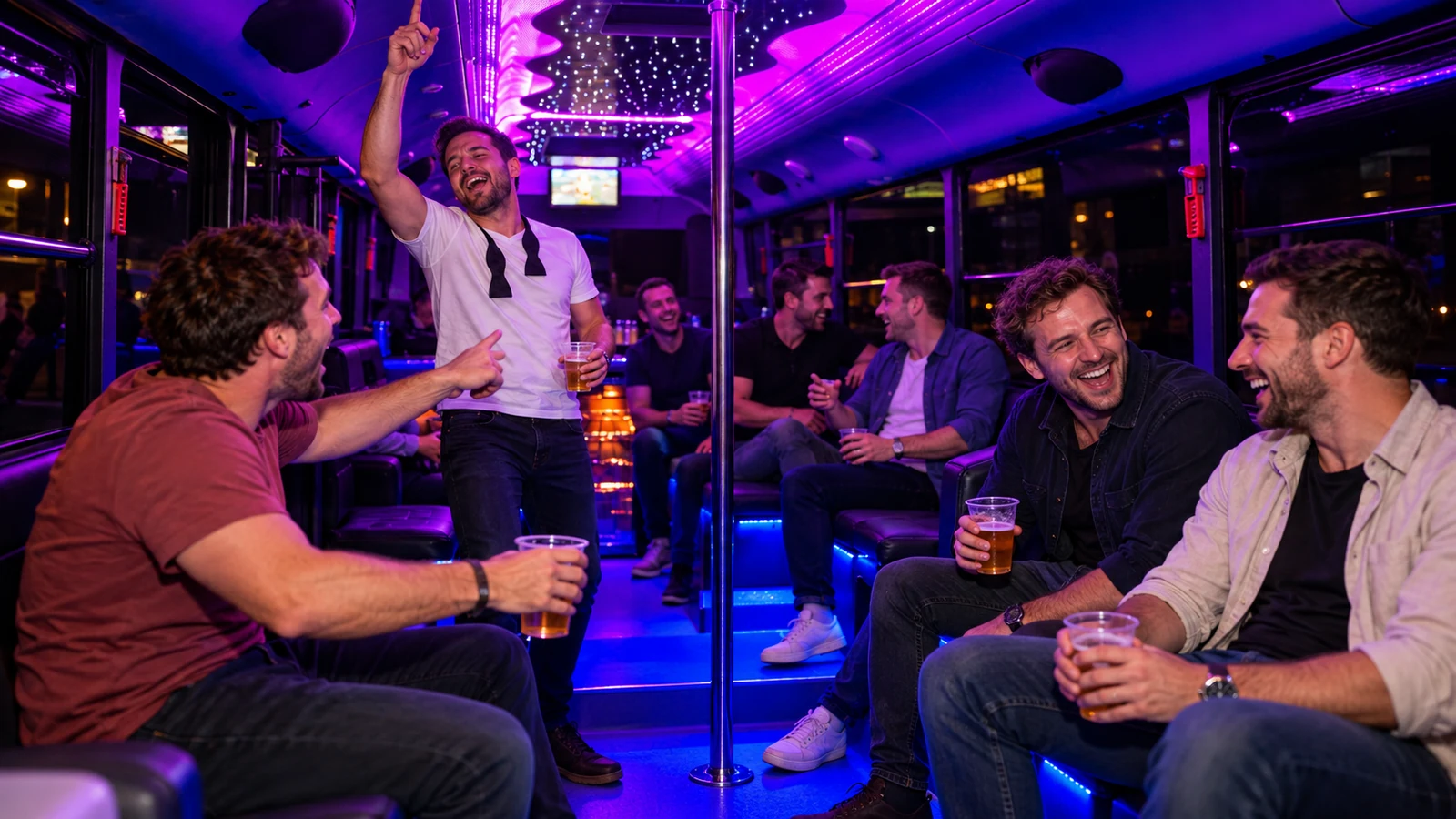 Stag party inside a Budapest party bus with leather seating and purple lighting