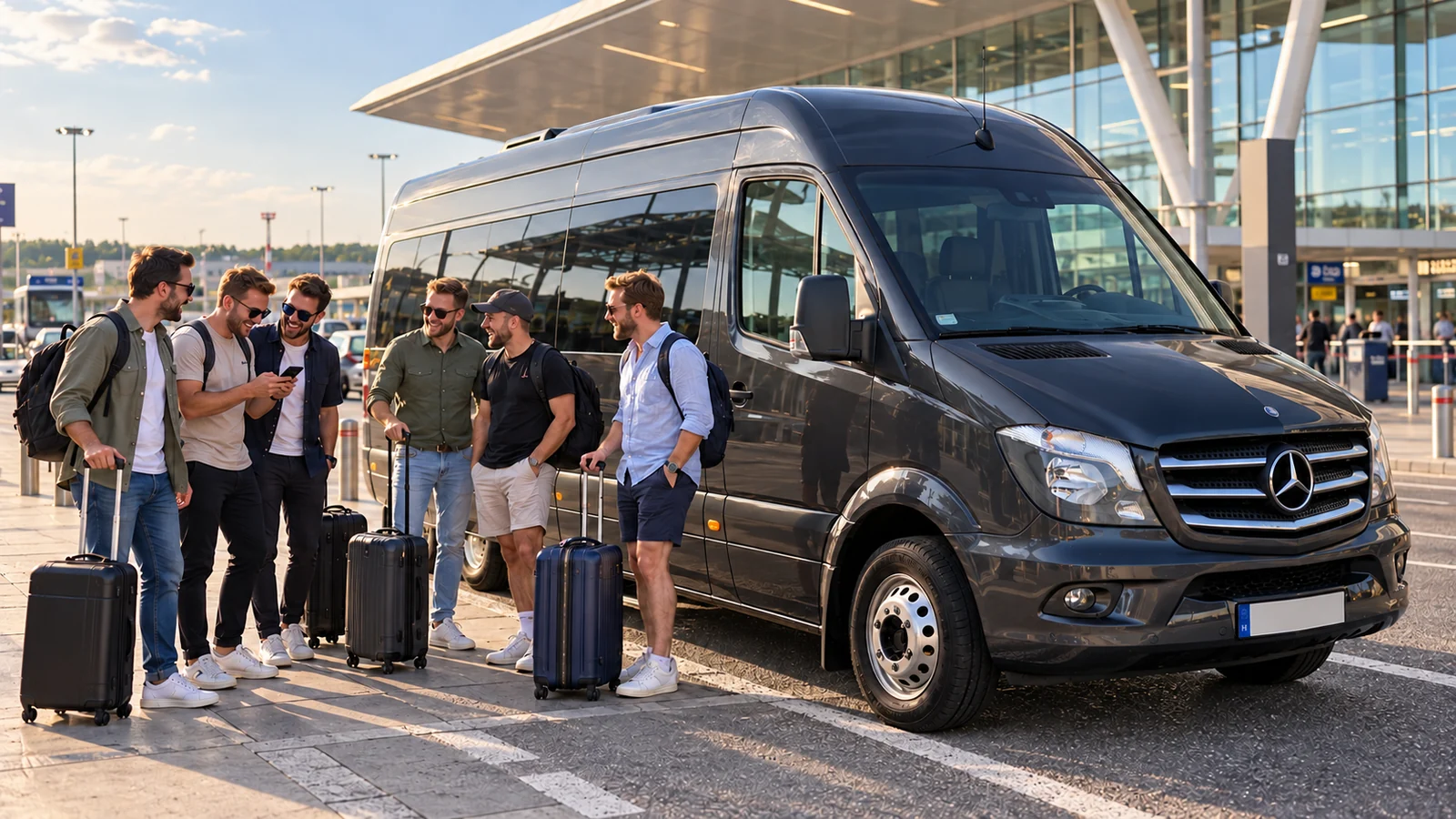 Stag group with suitcases beside a black minibus at an airport pickup point