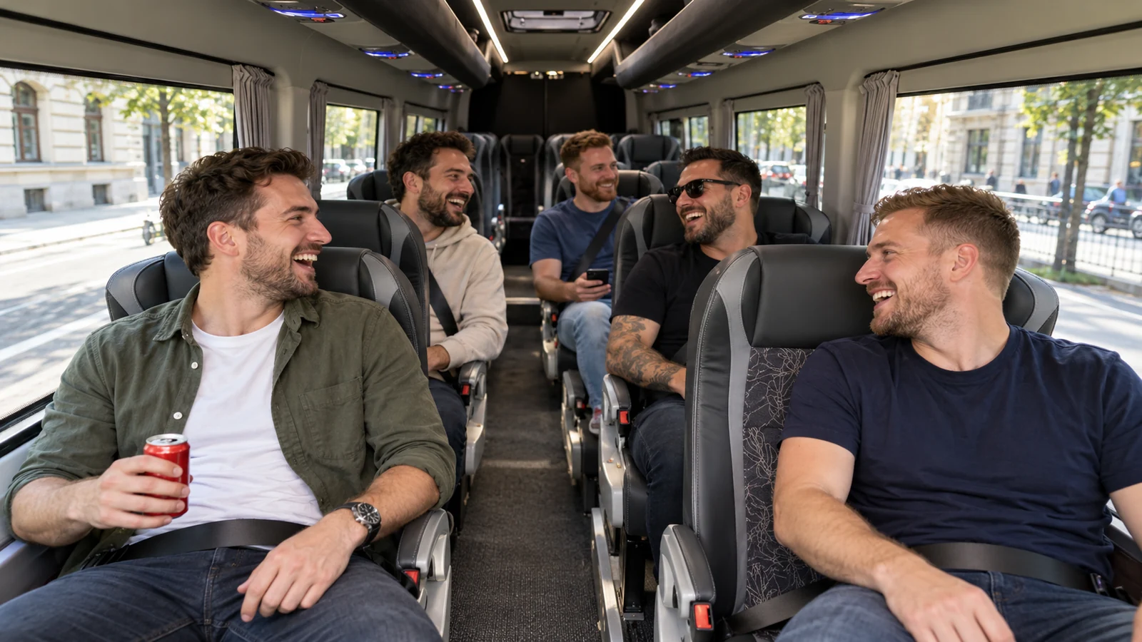 Stag friends laughing in forward-facing minibus seats with a clear central aisle